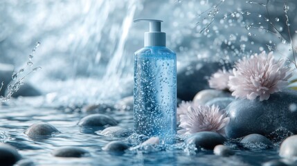 Packaging of shampoo and conditioner products is decorated with flowers, leaves, and water in blue tones to help design advertisements to present products in an interesting way.
