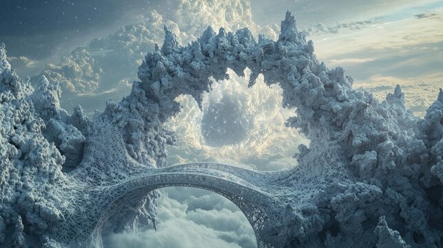 a parametric fractal mandelbulb 3d bridge that exists in the astral realm leading into a stargate portal at the center of a galaxy, 3d modeled in Houdini or zbrush, astrophotography