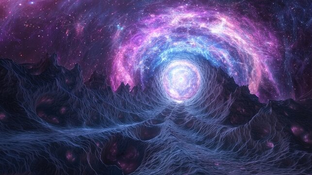 a parametric fractal mandelbulb 3d bridge that exists in the astral realm leading into a stargate portal at the center of a galaxy, 3d modeled 