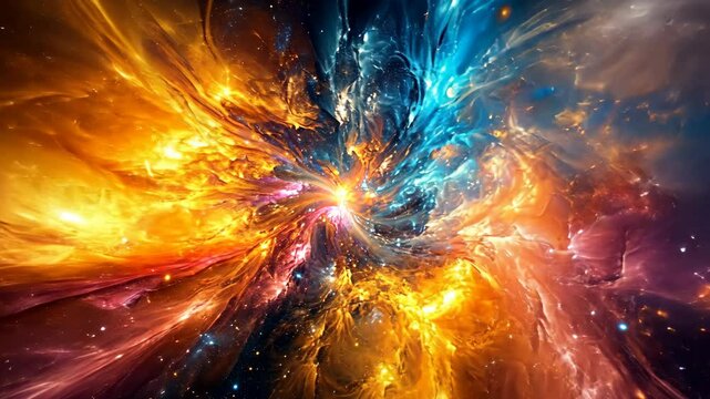 A colorful nebula explodes outwards from a central star, swirling in a spectacular display of light and energy