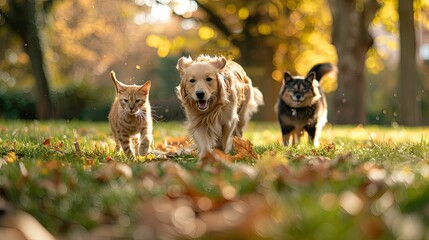 A Golden Retriever, A Cat, And A Dog Running Through Autumn Leaves