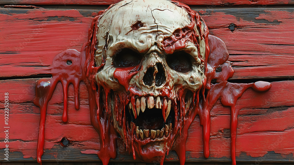 Aufkleber a skull with red paint dripping from it. the skull is surrounded by red paint and has a mouth that i
