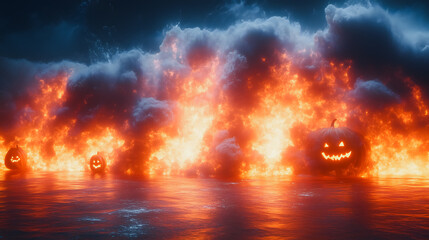 A fire is burning in the sky and there are four pumpkins floating in the water. The pumpkins are smiling and the fire is orange