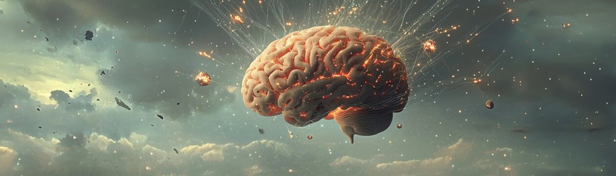 Surreal depiction of an exploding brain surrounded by dramatic clouds, symbolizing creativity and imagination.