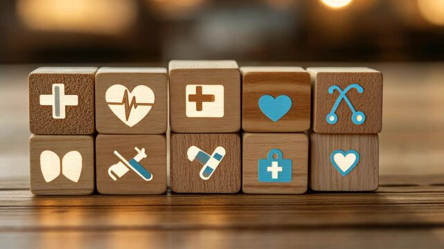Wooden blocks with medical symbols are arranged in two rows on a table