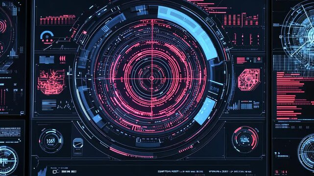 A futuristic user interface with a large circular display showing concentric rings of red and blue