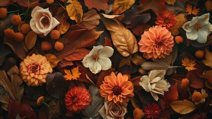 Fototapeta premium A beautiful arrangement of autumn leaves and flowers showcases warm tones, perfect for celebrating the fall season and enhancing any space. Generative AI