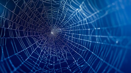 Obraz premium A spooky and intricate spider web framed against a dark blue background, with intricate details and patterns that evoke a sense of mystery and fear