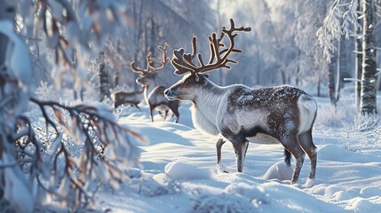 Fototapeta premium Reindeer in the snow hanging around.