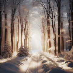 Winter forest path covered in fresh snow