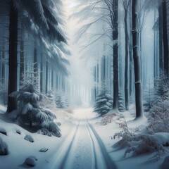 Winter forest path covered in fresh snow