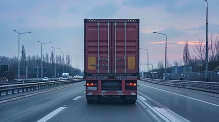 Red Shipping Container on Semi-Truck Driving on Highway at Dusk