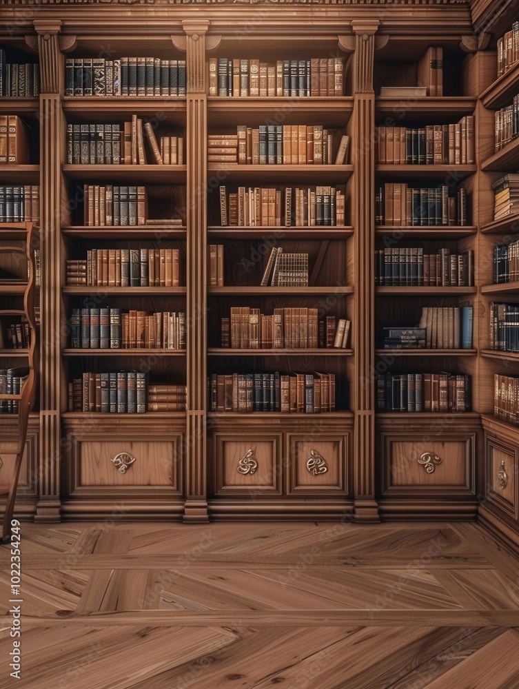 Poster a cozy study area features wooden shelves stacked with textbooks and academic literature, inviting r