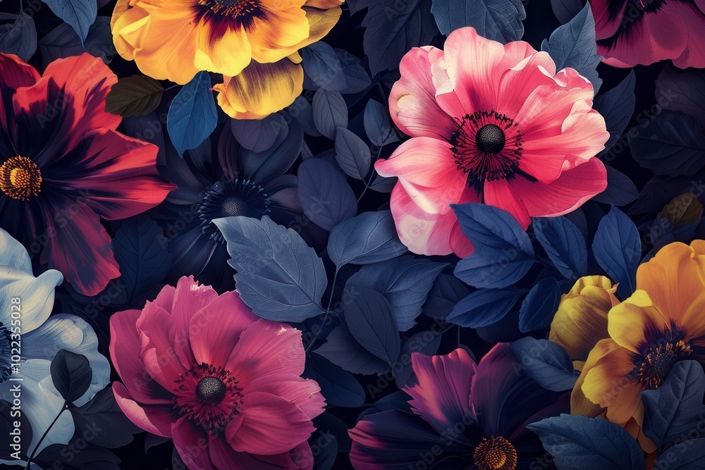 Canvas Prints A stunning display of large, colorful flowers set on a deep black background highlights their beauty and detail. Generative AI