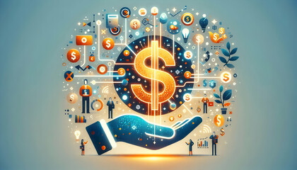 Flat Glowing Abstract Cash Symbols with Floating Acquisition Icons - Digital Art Representing Financial Transactions and Corporate Mergers for Business Marketing