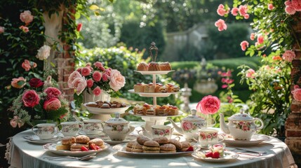 English afternoon high tea in the garden