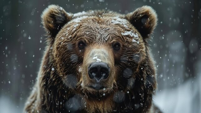 a close up of a brown bear in the snow