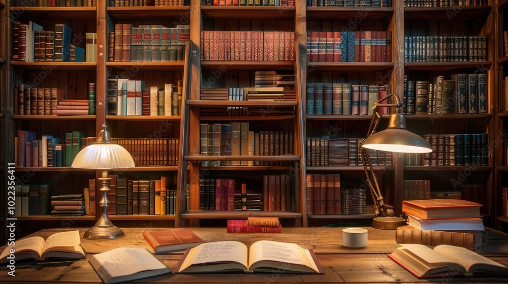 Aufkleber the setup features wooden shelves stocked with various academic texts and literature, providing a wa