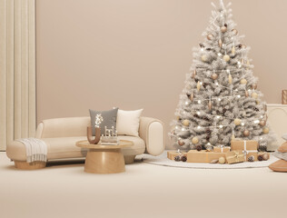 Christmas composition of cozy, modern living room interior with christmas tree, poster frame, gifts, wooden coffee table, white armchair on beige background. Home decor. Template.