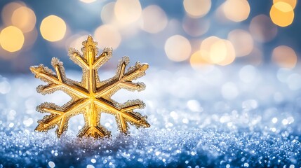 An enchanting and magical scene of a majestic golden snowflake standing out against a backdrop of icy snow and dazzling lights