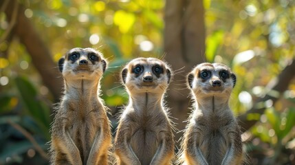 Fototapeta premium three meerkats looking up at the camera