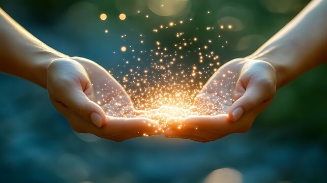 An ethereal, 3D rendered image showing sparkling healing energy emanating from a pair of hands onto a body, symbolizing the transfer of natural therapy.