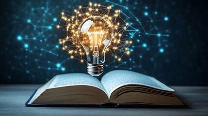 A open textbook lying on a desk with a glowing light bulb hovering above it, symbolizing the concept of new ideas and creativity. The 3D illustration features a realistic texture and lighting effects.