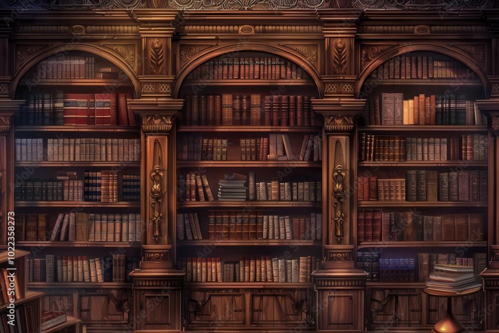 Poster the wooden shelves are stacked with a diverse collection of textbooks and academic literature, creat