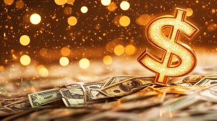 A captivating photograph capturing the allure of wealth and opulence, with a luminous dollar symbol dominating the composition and a cascade of cash enveloping the background.