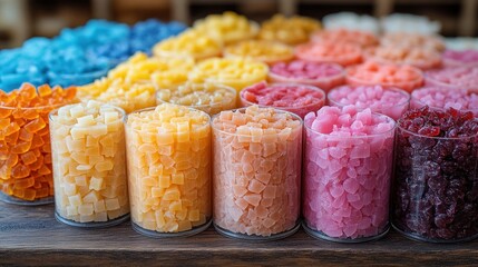Colorful wax cubes arranged in jars for crafting or decoration.