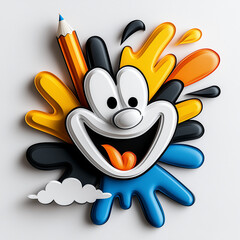 Obraz premium Playful cartoon character with colorful splashes, cheerful mood, designed in a playful 3D style against white background