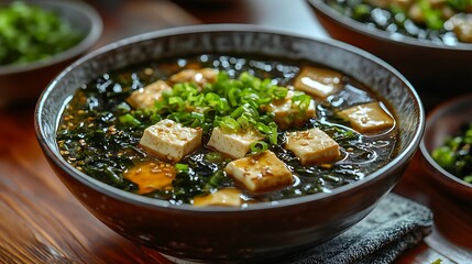 Miso Soup with Tofu and Seaweed: A simple yet elegant bowl of miso soup, with soft tofu cubes and fresh wakame seaweed floating in a clear broth, garnished with finely chopped green onions.