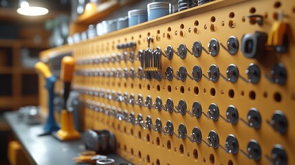 A well-organized workshop with tools and equipment on display.