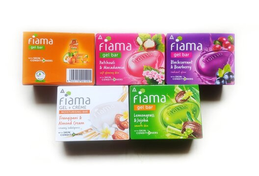 Guwahati, Assam, India - September 29, 2024 : Fiama Gel Bar. 5 different gel bars celebration pack. 