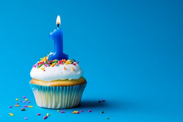 A vibrant birthday cupcake with a blue number one candle and colorful sprinkles, sitting against a bright blue background