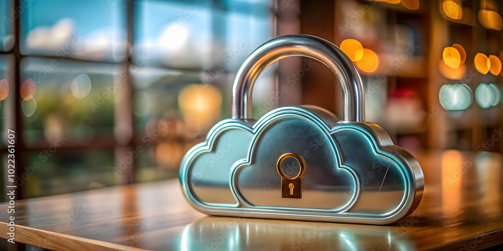 Poster glossy cloud lock icon on plain background: symbolizing security and competence in cloud development