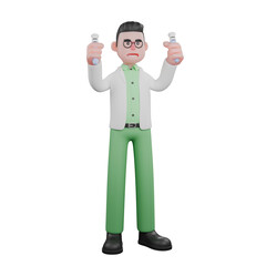 Male Biologist with Microscope. A male biologist stands holding test tubes in his left and right hands. 3D Illustration