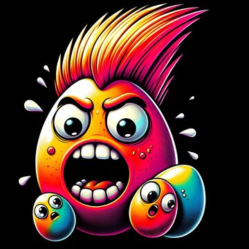 angry cartoon egg with mohawk yelling at small eggs isolated on black background
