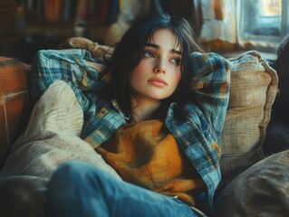 pensive young woman hugs a cushion while seated on a couch, gazing out the window lost in thought, capturing emotions of solitude and introspection in a cozy, dimly lit room