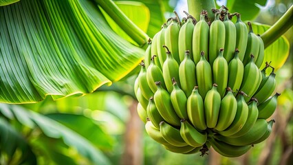 A lush green banana bunch hangs from a branch, a vibrant testament to nature's bounty, surrounded by the textured and verdant leaves of its host plant.