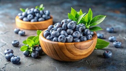 A wooden bowl overflowing with ripe blueberries, scattered amongst green leaves, set against a dark textured backdrop.