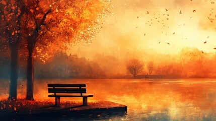Fototapeta premium A Lonely Bench by a Lake Under an Autumnal Sky