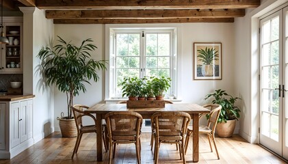 Rustic dining room with a reclaimed wood table, vintage chairs, and exposed wooden beams on the ceiling