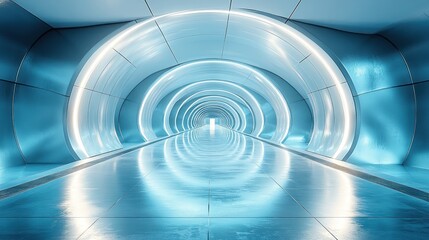 Fototapeta premium Futuristic tunnel with glowing lights and reflective surfaces.