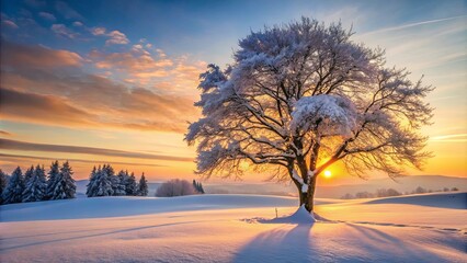 A solitary snow-laden tree stands sentinel against a breathtaking backdrop of sunrise hues, casting long shadows across the pristine white expanse of a winter wonderland.