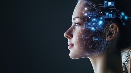 Portrait of a corporate executive with a serene expression, her brain depicted as a complex network of interconnected digital nodes and data streams.