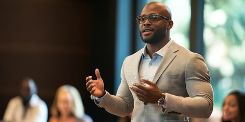 african american executive giving speech at business conference