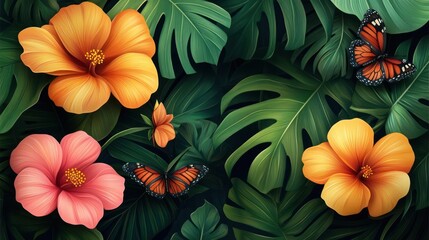 a group of butterflies flying over a lush green plant