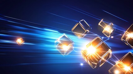 Abstract background featuring vibrant holographic neon lights intertwined with geometric glowing cubes, creating a visually striking design on a dark blue backdrop