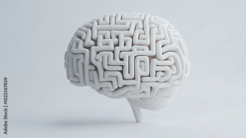 Poster brain maze: abstract 3d rendering of a human brain shaped like a complex maze, symbolizing the intri
